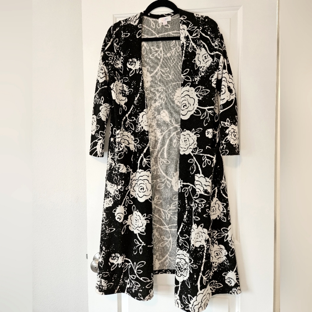 LuLaRoe 'Sarah' Black & White Rose Sweater Duster Cardigan Size Small